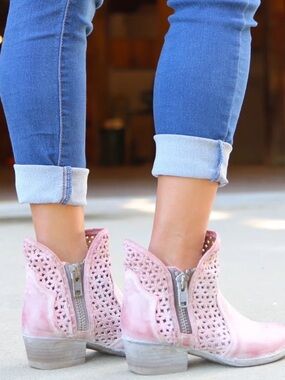 Circle G Pink Laser-Cut Heeled Ankle Boots